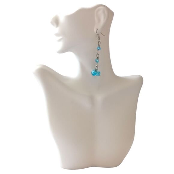 Glass Beaded Chandelier Earrings Aqua Ocean Blue Silver Tone Faceted Dangle - Picture 2 of 16